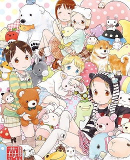 Anime collage of young girls with stuffed animals and plush toys in pastel colors