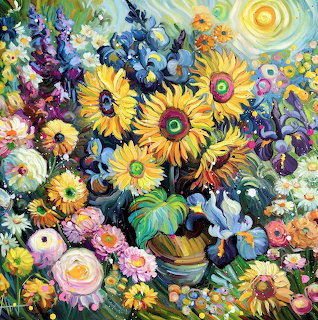Vibrant oil painting of sunflowers, daisies and colorful flowers in a garden with swirling sky and decorative birds