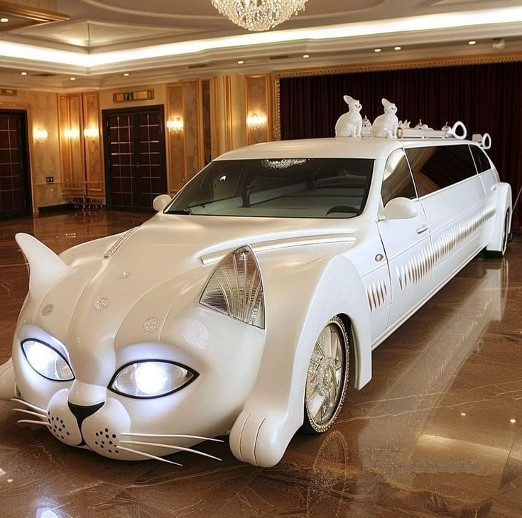 White cat-shaped limousine parked inside an elegant hall