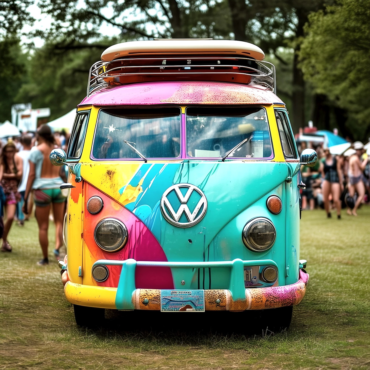 Colorful vintage VW bus with turquoise, pink and yellow paint at outdoor festival