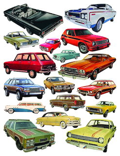 Collage of colorful vintage cars including muscle cars, sedans, and station wagons from various decades