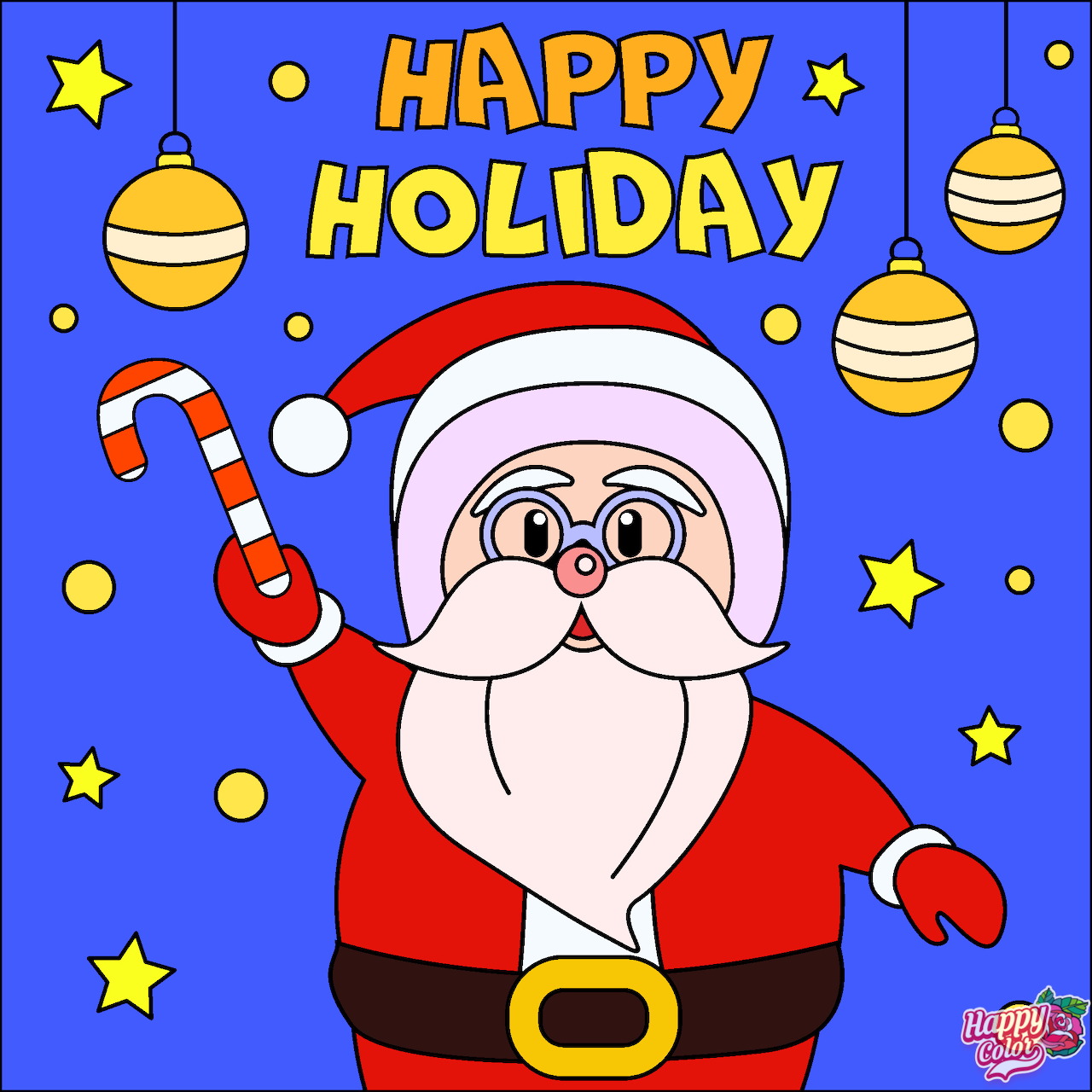 Cartoon Santa Claus with candy cane, ornaments and Happy Holiday text on blue background