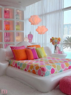 Modern white bedroom with colorful pillows, patterned bedding, pink lamps, and floor-to-ceiling windows