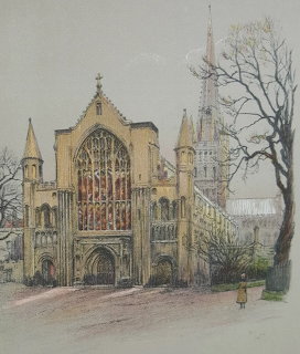 Illustration of Norwich Cathedral with Gothic facade, large window, and spire behind bare trees