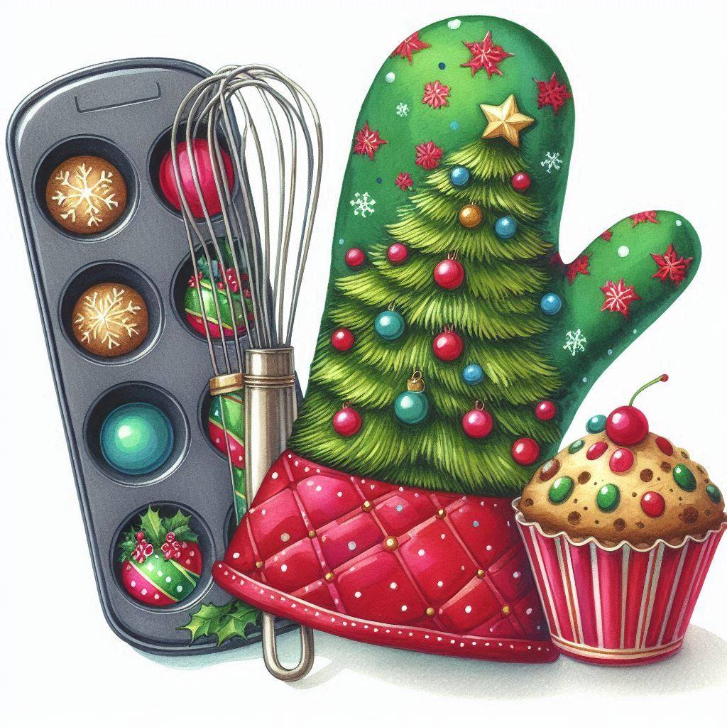 Christmas baking supplies including green tree oven mitt, red heart pot holder, muffin tin, whisk, and holiday cupcake