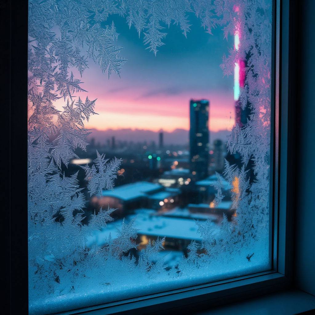 Sunset city view through a frosted window with ice crystal patterns on the glass