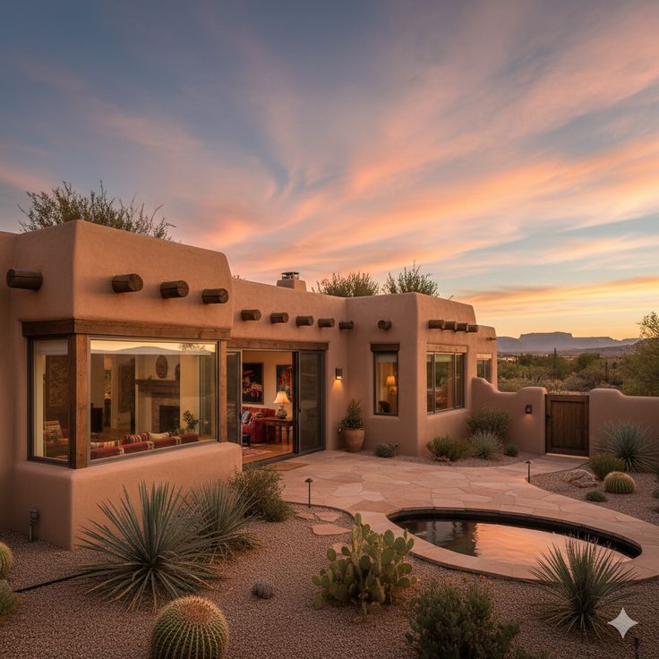 Adobe house with terracotta walls at sunset with colorful sky and desert plants
