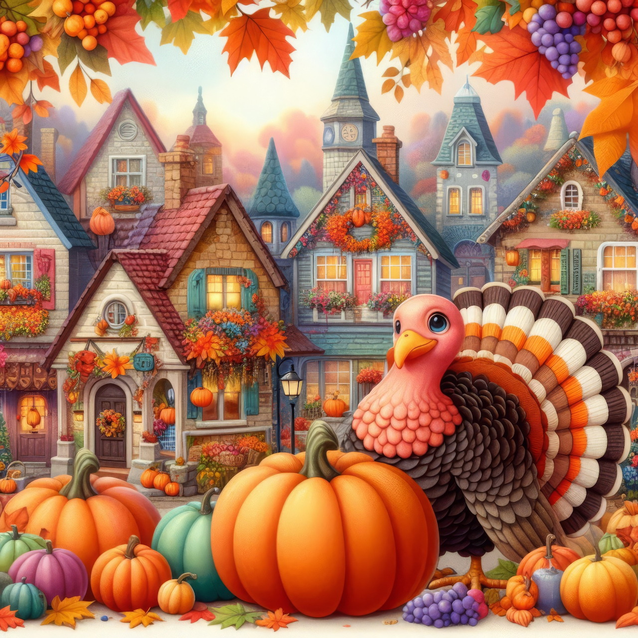 Illustrated Thanksgiving village with turkey, pumpkins, and autumn-decorated cottages under fall leaves