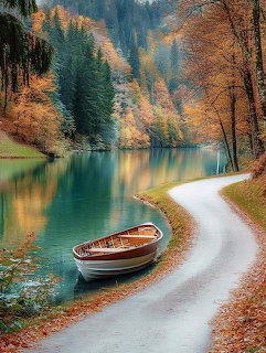 Autumn Lake with Wooden Boat