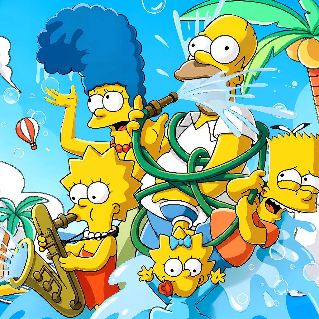 Simpsons characters floating in blue sky with clouds and balloons