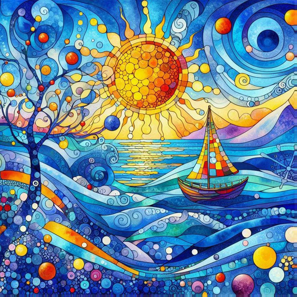 Colorful stained-glass style sailboat on swirling ocean waves under a bright sun and blue sky