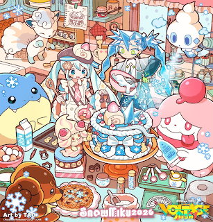 Cute Pokemon characters gathered around desserts and cakes in a pastel-colored cafe illustration