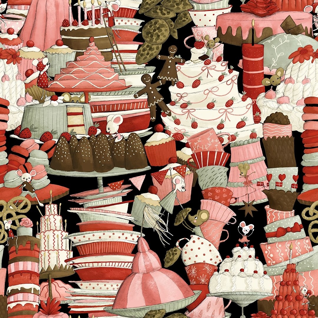 Illustrated assortment of decorated cakes, cupcakes and pastries in pink and red colors with various patterns and toppings