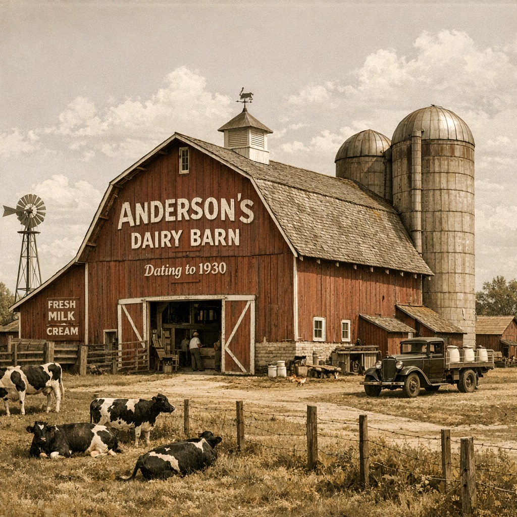 Vintage red dairy barn with silos, cows, and an old truck on a farm