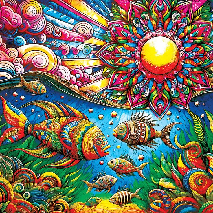 Colorful psychedelic fish swimming in vibrant underwater scene with decorative sun and swirling patterns
