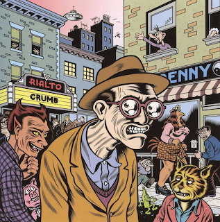 Comic illustration of man in tan coat and hat on city street with vintage storefronts and cartoonish figures