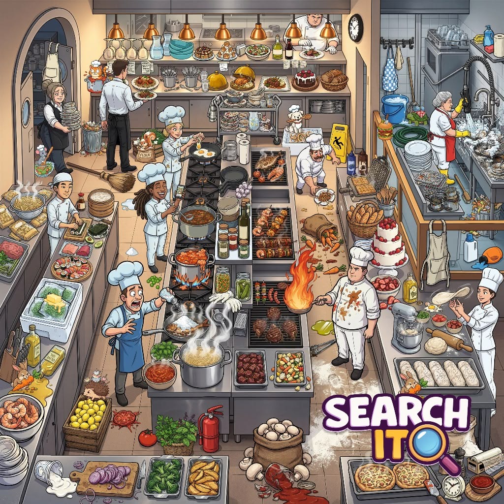 Cartoon of a busy restaurant kitchen with chefs cooking, baking, and preparing food