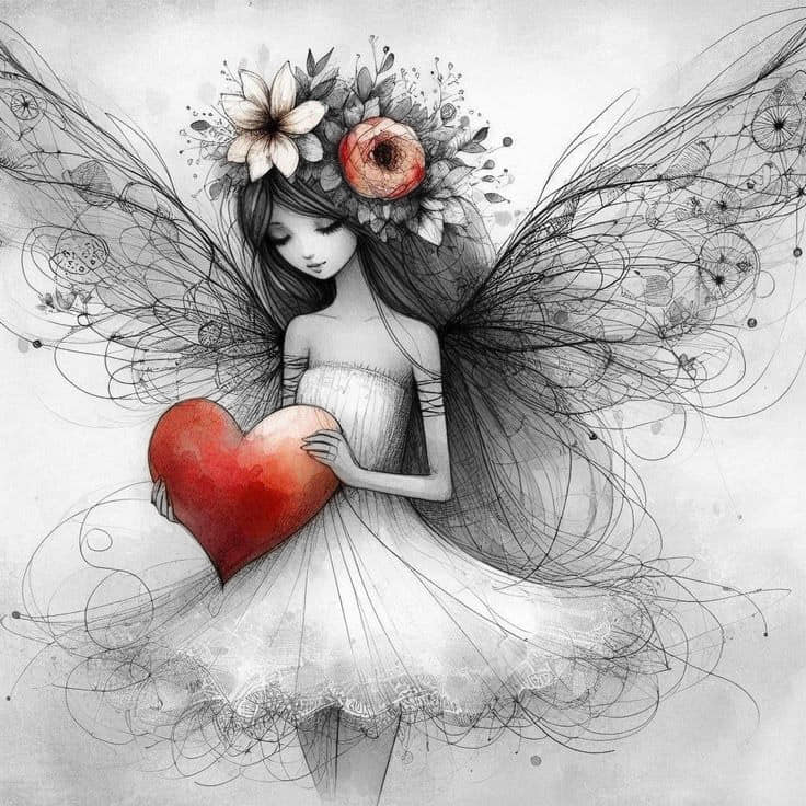 Fairy with butterfly wings, flower crown, and red heart in grayscale illustration with ornate swirls
