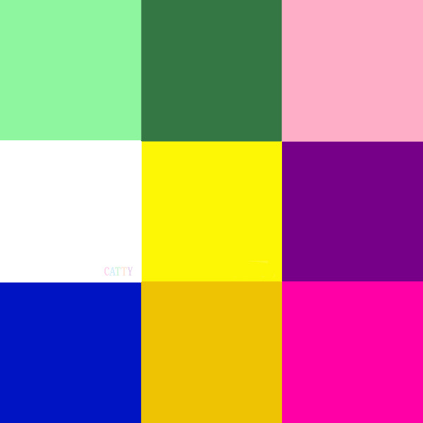 3x3 grid of nine solid color blocks in bright hues including green, pink, yellow, purple, blue, and magenta