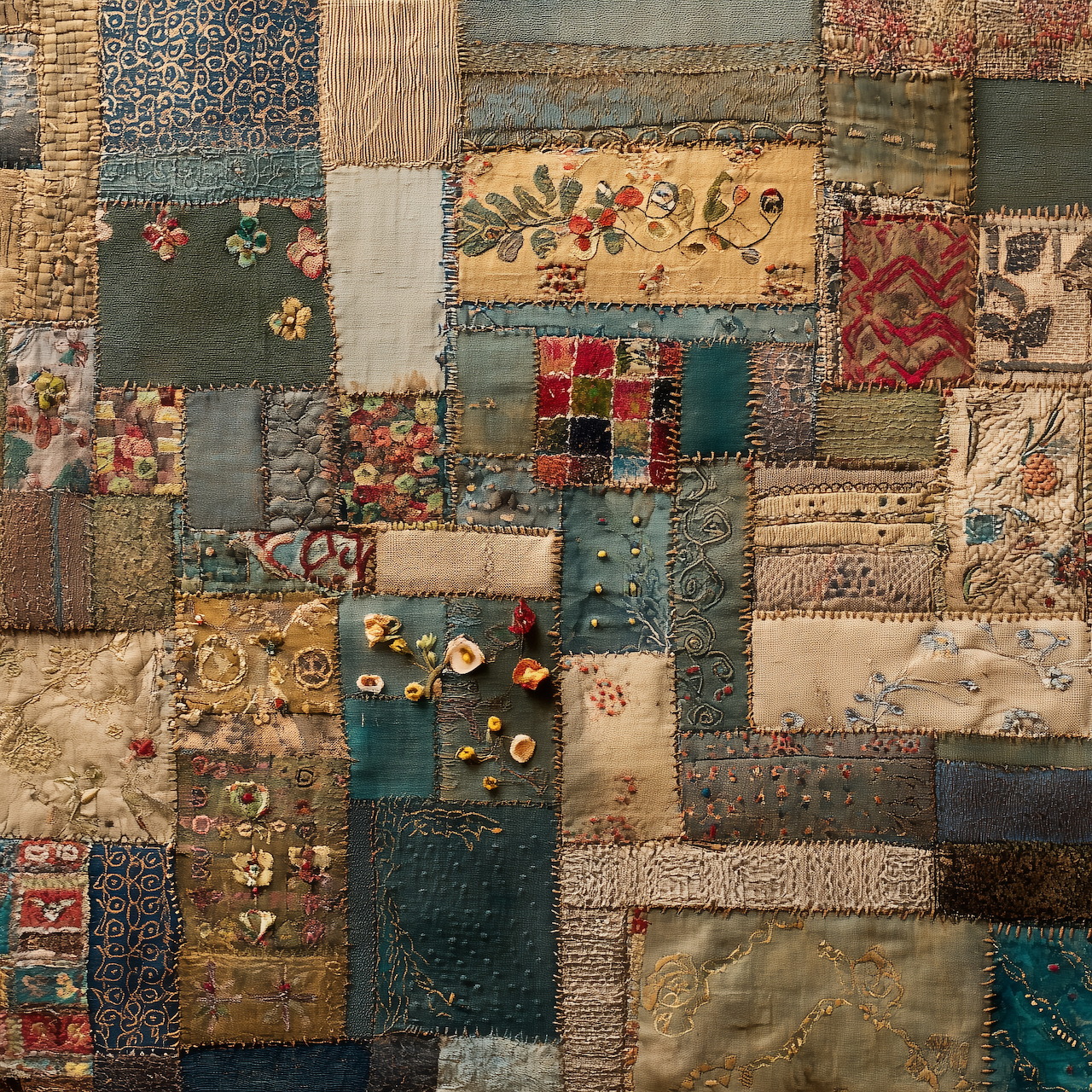 Vintage patchwork quilt with floral embroidery and mixed fabric patterns in blues, golds, and earth tones