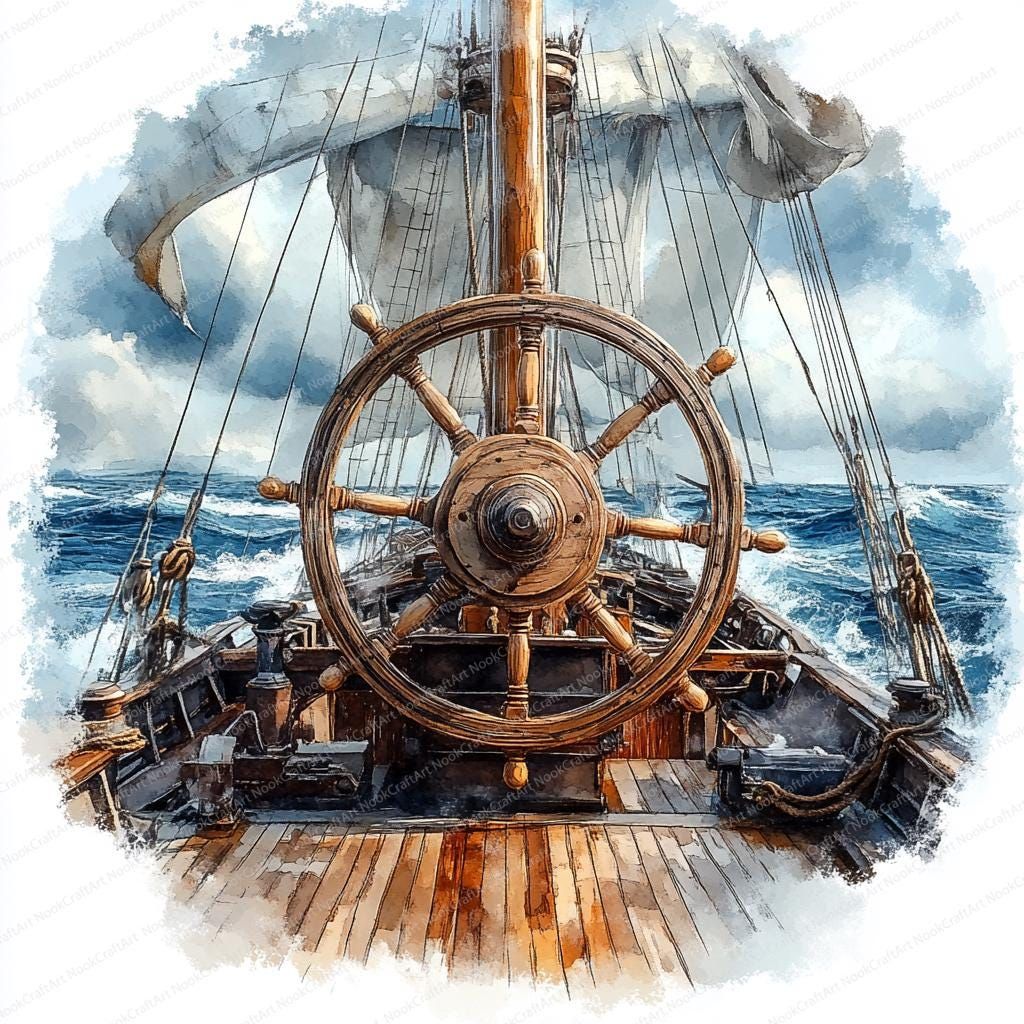 Watercolor painting of ship's wheel on sailing vessel deck with white sails billowing