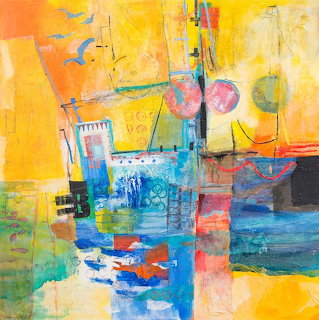 Abstract painting with bold yellow, blue, and turquoise blocks suggesting boats and water in an impressionistic coastal scene
