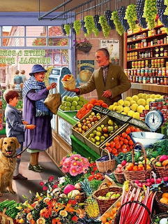 Illustrated village grocery store with shopkeeper, customers, dog, and colorful produce displays