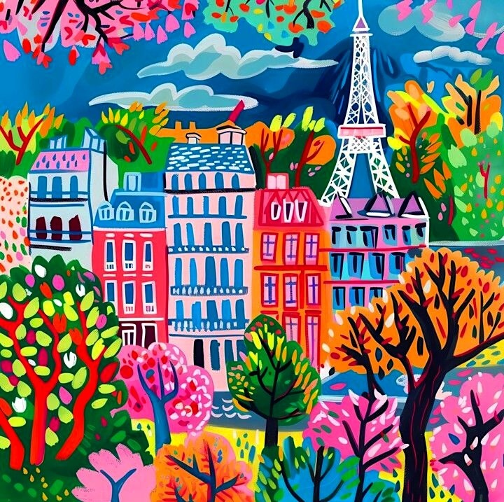 Colorful illustration of Paris with Eiffel Tower, buildings, and flowers in vibrant artistic style