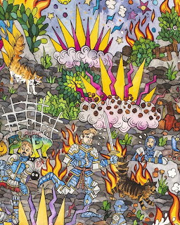Dense cartoon illustration of a fantastical hell scene with demons, fire, skeletons, and surreal creatures in vibrant colors