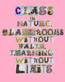 Colorful text art on pink background with letters made from flowers and natural materials spelling educational message