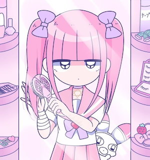 Pink-haired anime girl character Menhera-chan with bandages in pastel room
