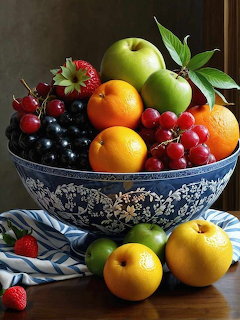 Assorted fresh fruits in ornate blue and white bowl with striped cloth