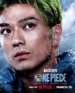 Close-up portrait of actor with green hair and earrings against cloudy sky, One Piece promotional poster