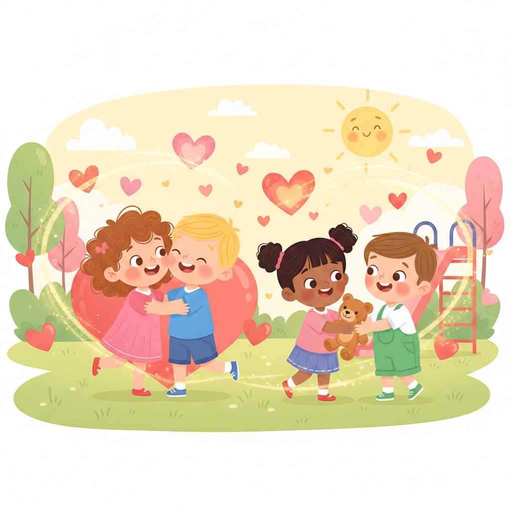 Cartoon children in a park with hearts, hugging and sharing a teddy bear