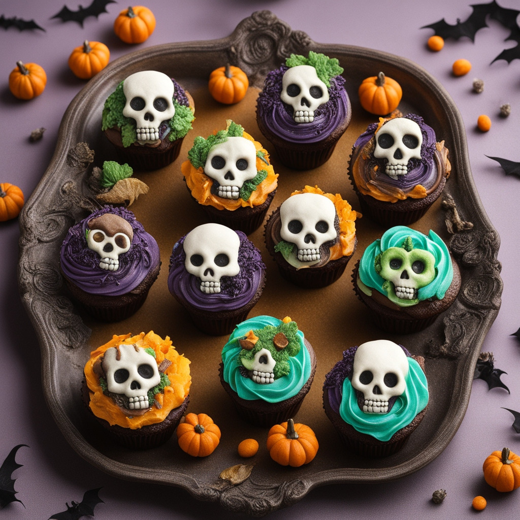 Halloween themed cupcakes decorated with sugar skulls in colorful frosting on dark tray with miniature pumpkins