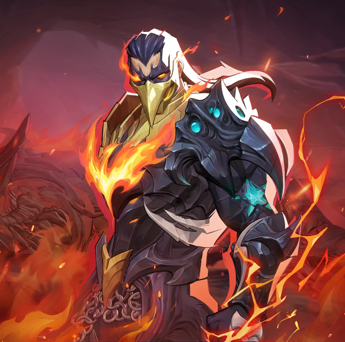 Winter Soldier character with white hair and metallic arm engulfed in orange flames against red sky background