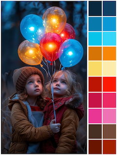 Two children in winter hats and coats holding colorful illuminated balloons at dusk