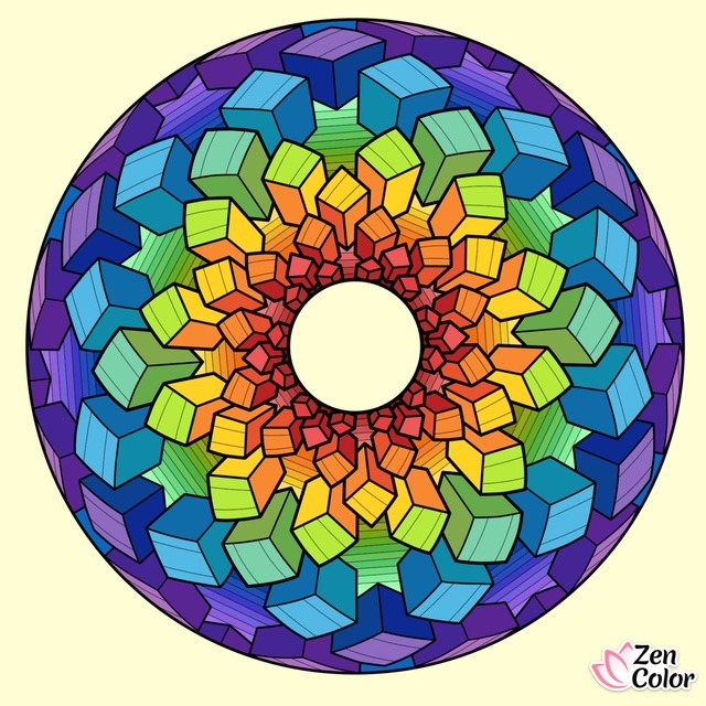 Geometric mandala of 3D cubes in rainbow gradient, radiating from white center on pale yellow background