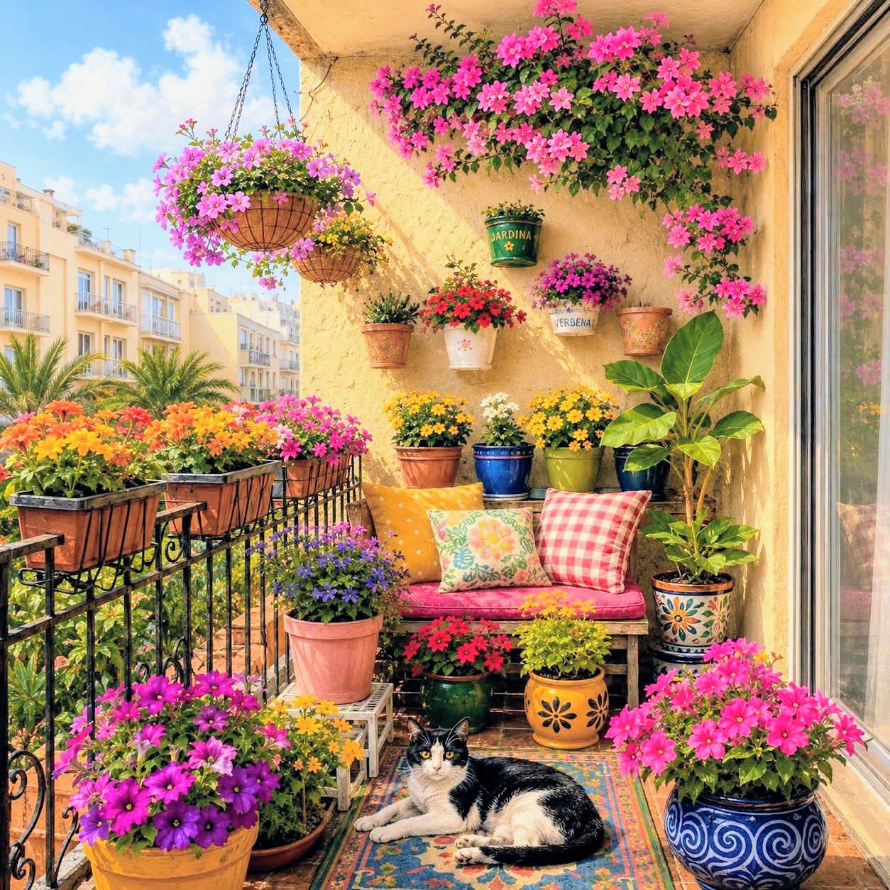 Sunny balcony garden filled with colorful flowers and a black and white cat relaxing on decorative tiles