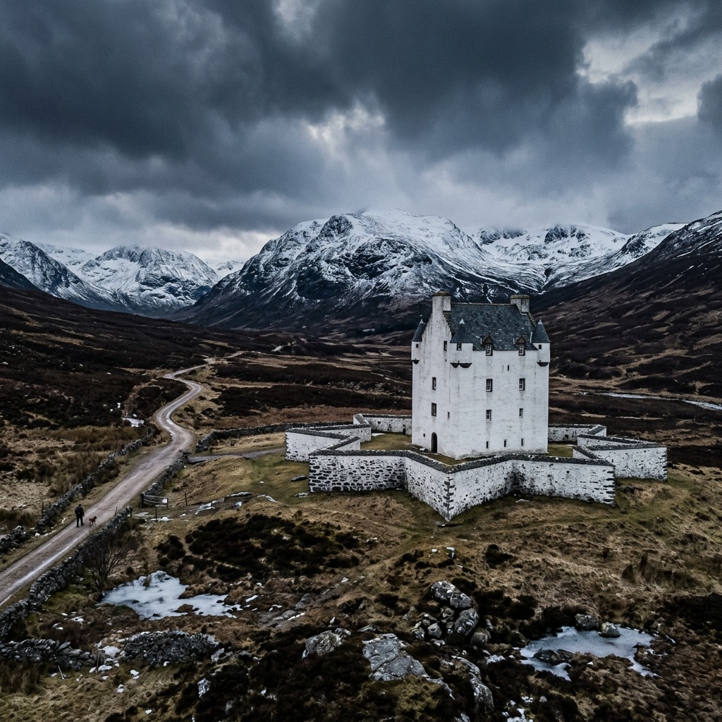 Corgarff Castle in the Scottish Highlands beneath dark clouds and snowy mountains