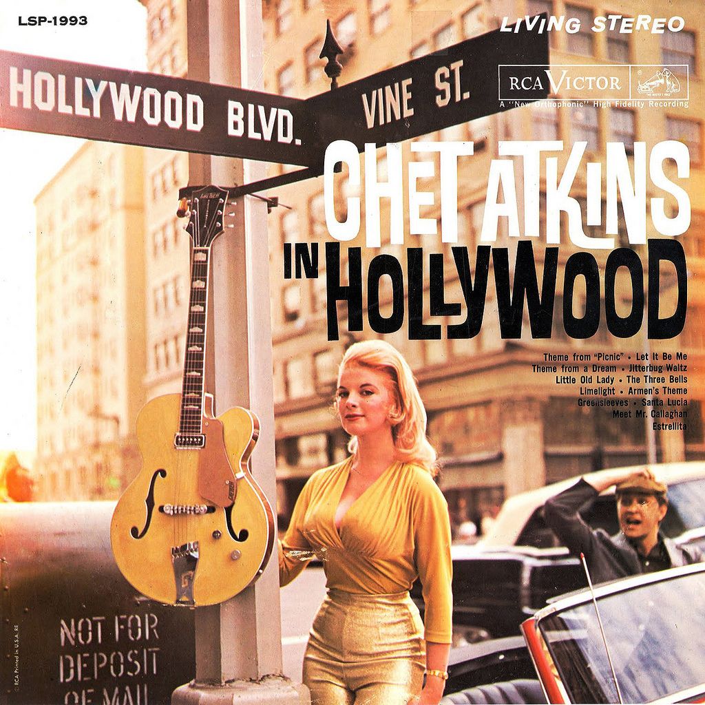 Vintage album cover with woman, guitar, and Hollywood Vine street signs reading Chet Atkins in Hollywood