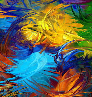 Abstract digital art with swirling rainbow colored curves and flowing shapes in vibrant hues