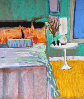 Pastel painting of bedroom with bed, table, flowers, and mirror in vibrant colors