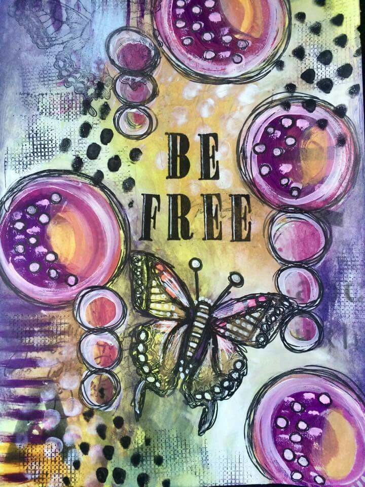 Mixed media art with butterfly, circles, dots, and BE FREE text on colorful abstract background