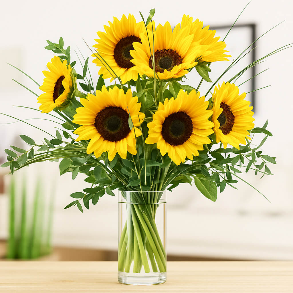 Bouquet of seven yellow sunflowers with dark centers in a clear glass vase with greenery