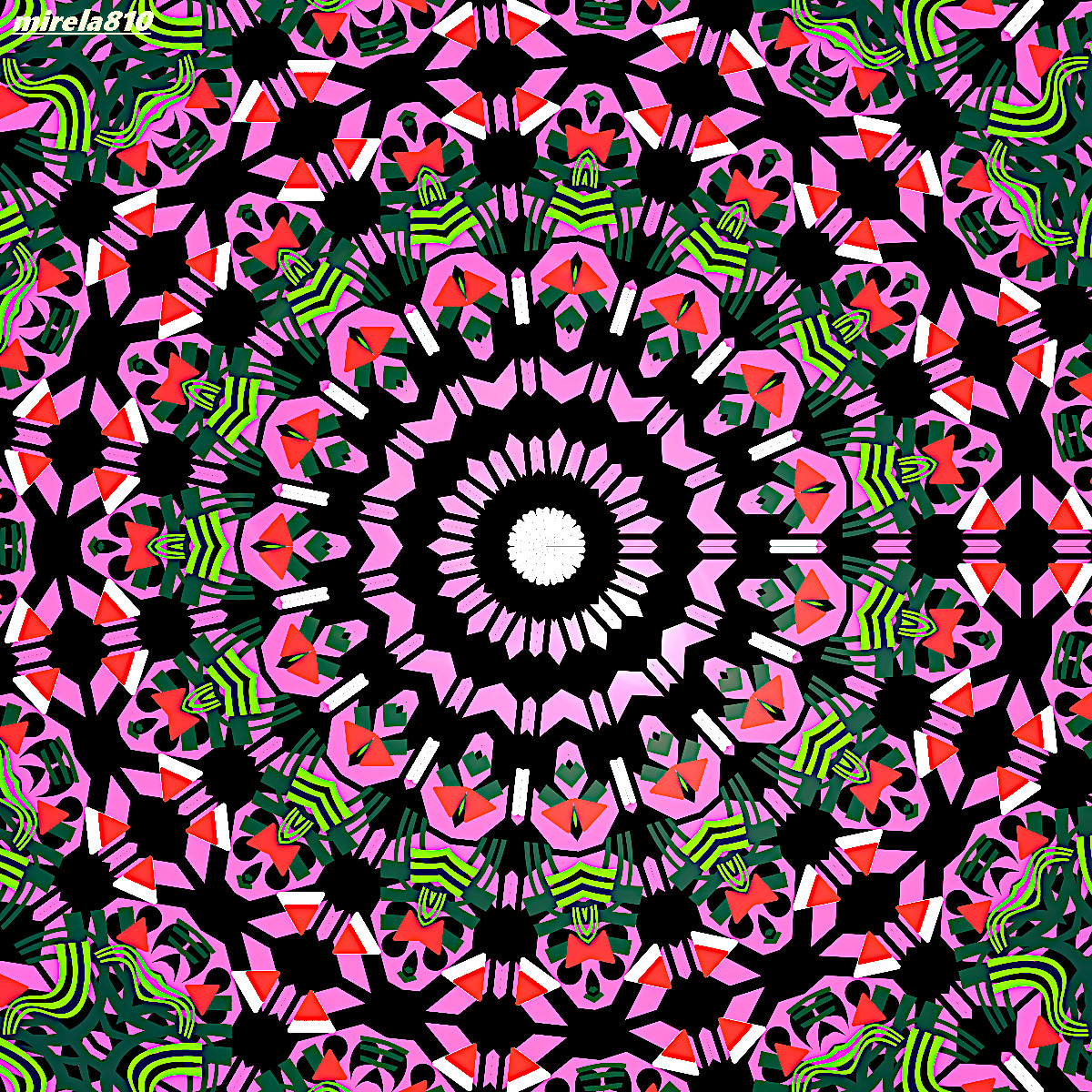 Colorful symmetrical mandala with pink, green, and yellow geometric patterns radiating from center