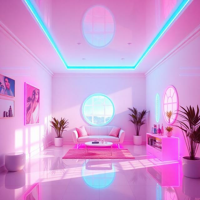 Futuristic pink living room with neon cyan ceiling lights, sofa, round window, plants, and glossy floor