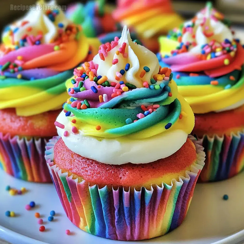 Rainbow cupcakes with swirled frosting and colorful sprinkles