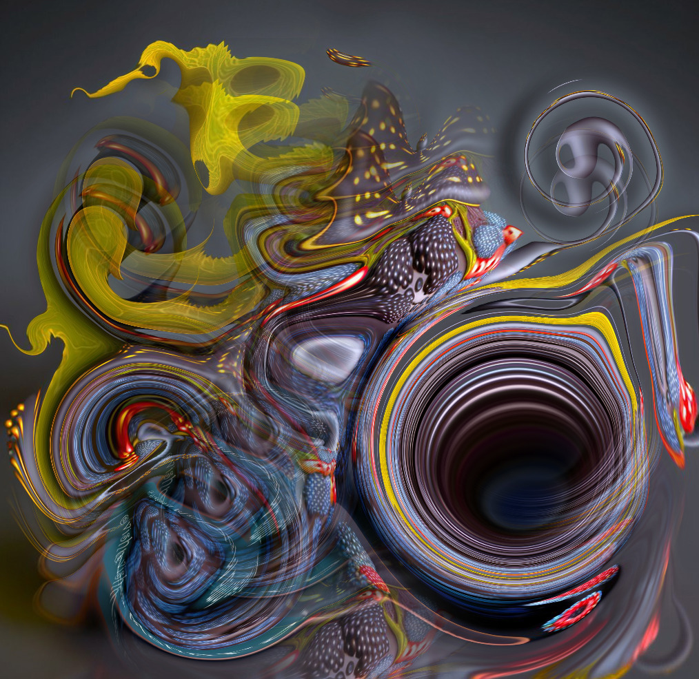 Abstract image with colorful swirls and fluid shapes on a dark background