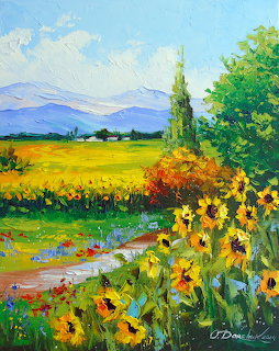 Impressionist painting of sunflowers beside a rural road with mountains in background